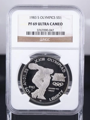 Certified 1983-S Silver $1 NGC PF69 Ultra Cameo Olympics Discus Thrower - Image 1 of 4