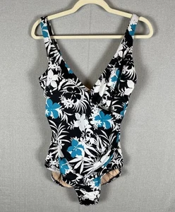 Miraclesuit Badeanzug Einteiler Größe 14 blau weiß Blumenmuster Blätter vorne gekreuzter BH - Bild 1 von 7