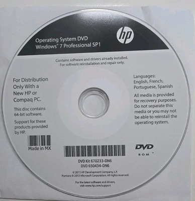HP Operating System DVD - Windows 7 Pro SP1 64-bit 670233-DN6 No PRODUCT KEY - Image 1 of 2