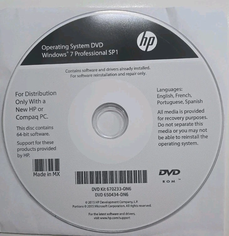 HP Operating System DVD - Windows 7 Pro SP1 64-bit 670233-DN6 No PRODUCT KEY - Image 1 of 2