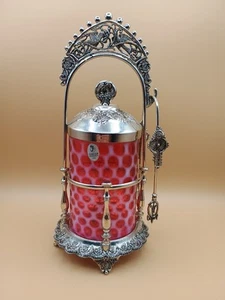 VTG Fenton Coin Dot Cranberry Opalescent Pickle Castor Silver Plated W/tongs - Picture 1 of 16