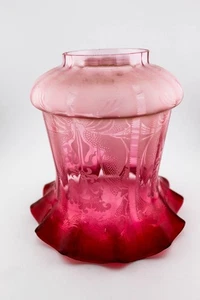 ANTIQUE VICTORIAN CRANBERRY GLASS ETCHED GLASS LARGE LAMP SHADE - Picture 1 of 5