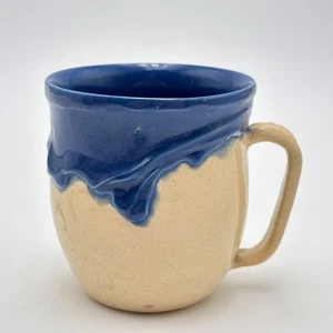 Studio Pottery Mug Blue Drip White Artisan Signed 4"W 3.5"H - Picture 1 of 12