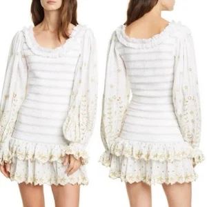 Loveshackfancy Celia White and Gold Embroidered Ruffle Long Ballon Sleeve Dress - Picture 1 of 7