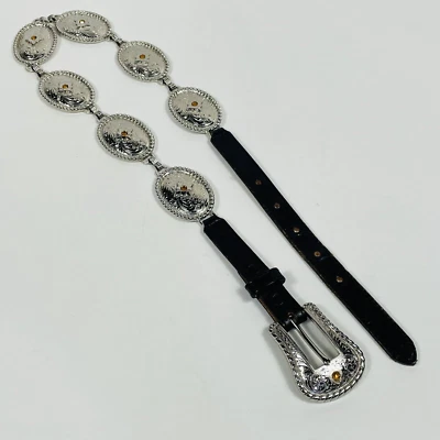 Justin Rodeo Western Womens 30" Leather Silver Plated Medallion Concho Belt Vtg - Image 1 of 4