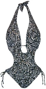 Nuovo costume da bagno donna NWSC Monokini 1 pezzo unico Small S 4 nero bianco batik marrone - Foto 1 di 1