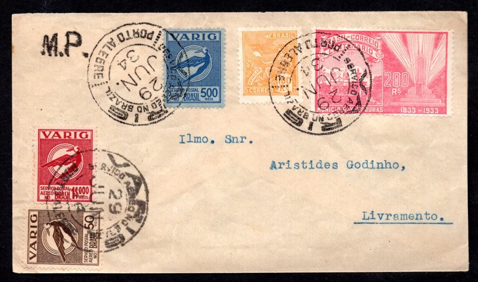 BRAZIL 1934 FIRST FLIGHT GAUCHOI-AUXILIAR TO VARIG 5 COLOR FRANKING - Image 1 of 2