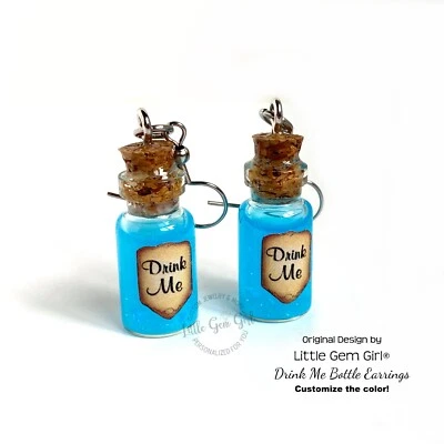 Drink Me Alicia en el País de las Maravillas Mini Botella de Vidrio Pendientes Titanio Oreja Alambres Foto 1 de 4