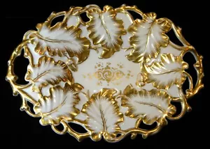 Raro piatto antico metà 1800 KPM (Krister) forato foglia di rovere dorato 14 - Foto 1 di 12