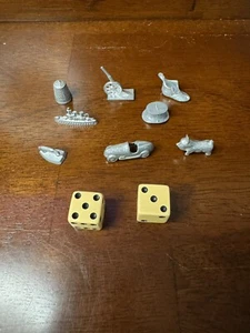 Vintage Monopoly Replacement 8 Metal Game Pieces Bakelite Dice Car Shoe Ship - Picture 1 of 2