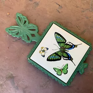 Trivet de mariposa de hierro fundido retro de colección años 60'-70 Japón jardín verde naturaleza - Imagen 1 de 6