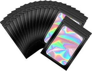 100 Smell Proof Mylar Bags Holographic Resealable Ziplock Foil Pouches Black - Picture 1 of 3
