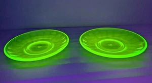 Set of 2 Green Uranium Marked Federal Glass Saucer 5 3/4" Thumbprint Pattern - Picture 1 of 5