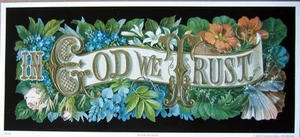 art print~IN GOD WE TRUST~ flowers Victorian vtg floral repro religious 14.5x6.5 - Picture 1 of 1