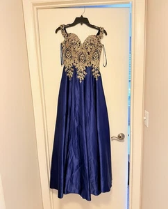 Vestido de noche Eureka XS azul marino con corpiño con cuentas doradas, forro de tul  - Imagen 1 de 16