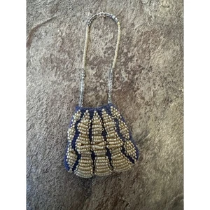 OOAK RARE Vintage Beaded Mini Purse Coin Bag Blue Knit Small Handbag Antique - Picture 1 of 6