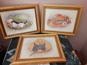 Vintage Set 3 Peggy Abrams Aquarell viktorianischer Hut Kunstdruck feminine Goldrahmen - Bild 1 von 5