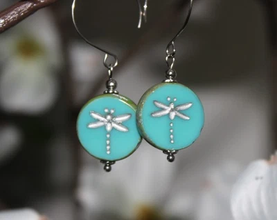 Ohrringe Libelle Perlen Türkis Ohrhänger Edelstahl #C060 - Bild 1 von 4