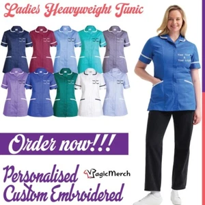 Embroidered Ladies Heavyweight Tunic Your Text Health Doctor Care Uniform Staff - Picture 1 of 26