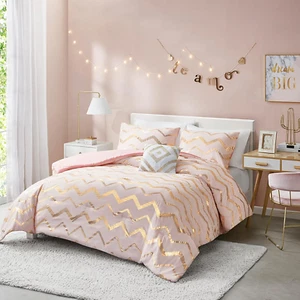 Girls Comforter Set Twin Size, Pink and Gold Girl Twin Bedding Sets for Teens, 3 - Picture 1 of 7