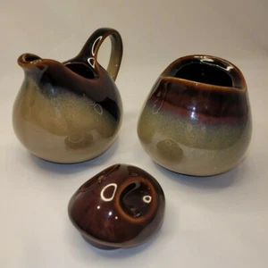 Sango Nova Sugar Bowl with Lid Creamer Coffee Stoneware Set Multi Brown 3 Pc Set - Picture 1 of 7