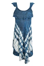 Boho Tie Dye Blue Dress Uneven Hem Flared Scoop Neck Gypsy Summer Dresses S/M