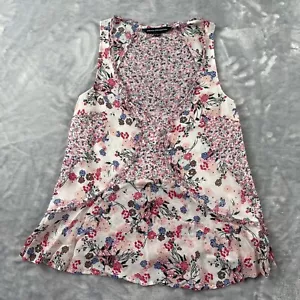 French Connection Top Womens 2 White Pink Multi Floral Chiffon Raw Edge Tank - Picture 1 of 13