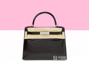 NEW HERMES NOIR BLACK KELLY 28 BAG PALLADIUM SHINY POROSUS CROCODILE HANDBAG - Picture 1 of 2