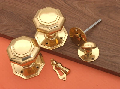Polished Brass Georgian Octagonal Mortice Door Knobs with Escutcheons/Thumb Turn - Image 1 of 4