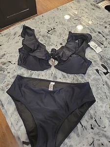 SPORLIKE Women's Size Large 2 Piece Swimsuit/black /Ruffles NWT--see details - Picture 1 of 17