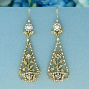 Ohrhänger 9 Karat Gold natürliche Perle und Diamant Vintage-Stil floral - Bild 1 von 6