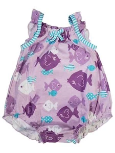 Infant Baby Girls Purple & Blue Fish Print Ruffled Cotton Romper Bodysuit 9M - Picture 1 of 1