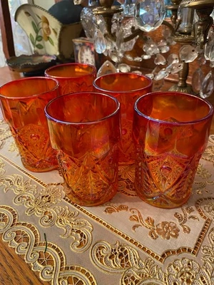 Hermoso Juego/Vasos de Vidrio Indiana Reliquia Puesta de Sol Rojo Carnaval Foto 1 de 4