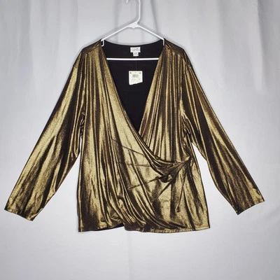 Jaclyn Smith Vtg Gold Metallic Faux Wrap Top Womens 3X Stretch Vneck Long Sleeve - Image 1 of 4