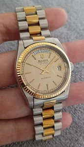 VINTAGE BULOVA SUPER SEVILLE DAY DATE AUTOMATIC SWISS MADE 2 TONE GENT WATCH - Picture 1 of 16