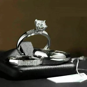 Moissanite Princess Cut Wedding Bridal Band Trio Ring Set 14k White Gold Plated - Picture 1 of 6