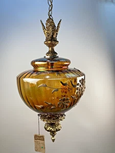 Vintage Loevensky Iridescent Carnival Glass Globe & Brass Swag Lamp L&L WMC - Picture 1 of 24