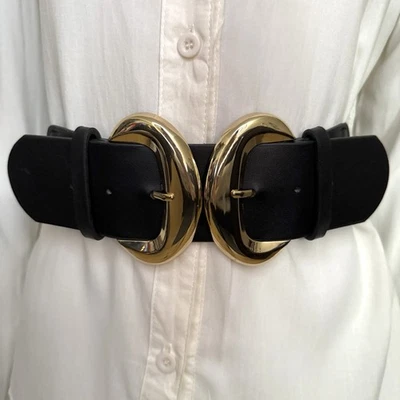 Cinturón elástico cuero PU negro tono dorado doble hebilla Foto 1 de 4