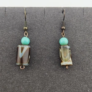 Orecchini pendenti goccia perline cilindro marrone blu tribale boho granola ragazza artsy - Foto 1 di 4