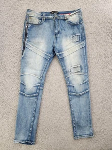 Encrypted Jeans Mens 36x31 Blue Distressed Slim Tapered Moto Zipper Denim Pants - Picture 1 of 15