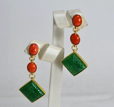 ORECCHINI  ARGENTO 925 DORATO CORALLO ROSSO OVALI 8/10 GIADEITE VERDE  AGHT 0978 - Immagine 1 di 3