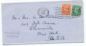Gran Bretaña 1944 cubierta de correo #258-59 Worchester a Groversvijje Nueva York - Imagen 1 de 2