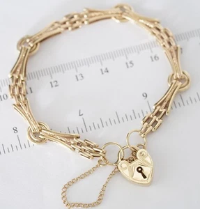 Vintage 9ct 375 Solid Yellow Gold Gate Link Bracelet Heart Locket 18cm 9k - Picture 1 of 4
