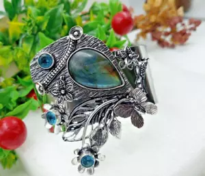Bracciale gioiello in argento sterling 925 con pietre preziose labradorite e topazio - Foto 1 di 4