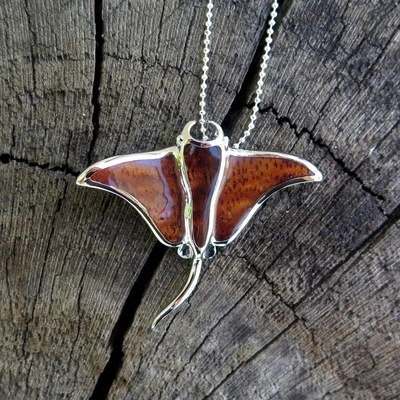 Koa Wood Hawaiian Jewelry Stingray Silver Rhodium Plated Brass Pendant BRP1063 - Image 1 of 4