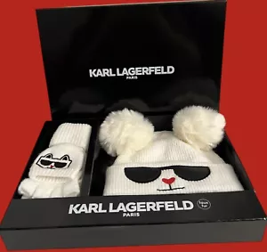 New KARL LAGERFELD PARIS Beanie & Mitten Cream Faux Fur Gift Set - Picture 1 of 24