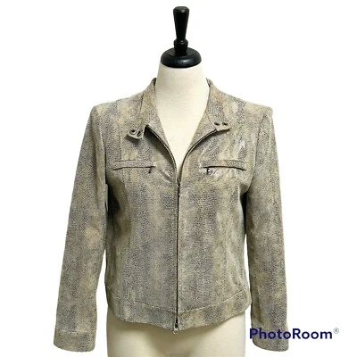 Chaqueta de Cuero Alfani Beige Marrón Gris Gamuza Cuero Patrón Serpiente Cremallera Mediana Foto 1 de 4