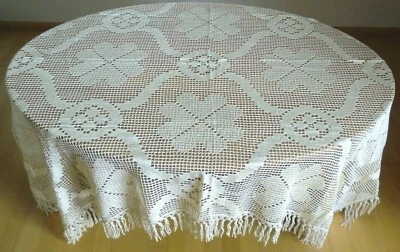 Tischdecke 145x190cm  cremefarben Glanzgarn Filet-Optik Spitze mit Fransen MS89 - Bild 1 von 4