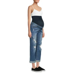 Time & Tru Womens Medium Wash Cropped Capri Maternity Boyfriend Jeans MANY SIZES - Picture 1 of 6