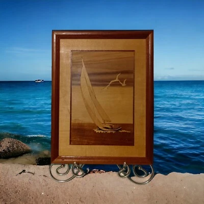 Cuadro de marquetería Jeff Nelson río Hudson placa de madera con incrustaciones velero náutico Foto 1 de 4